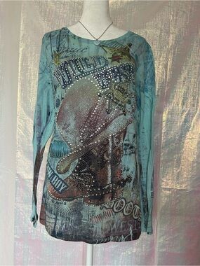 R. Rouge Y2K Rhinestone Long-Sleeve Graphic Top in Blue. See Measurements.